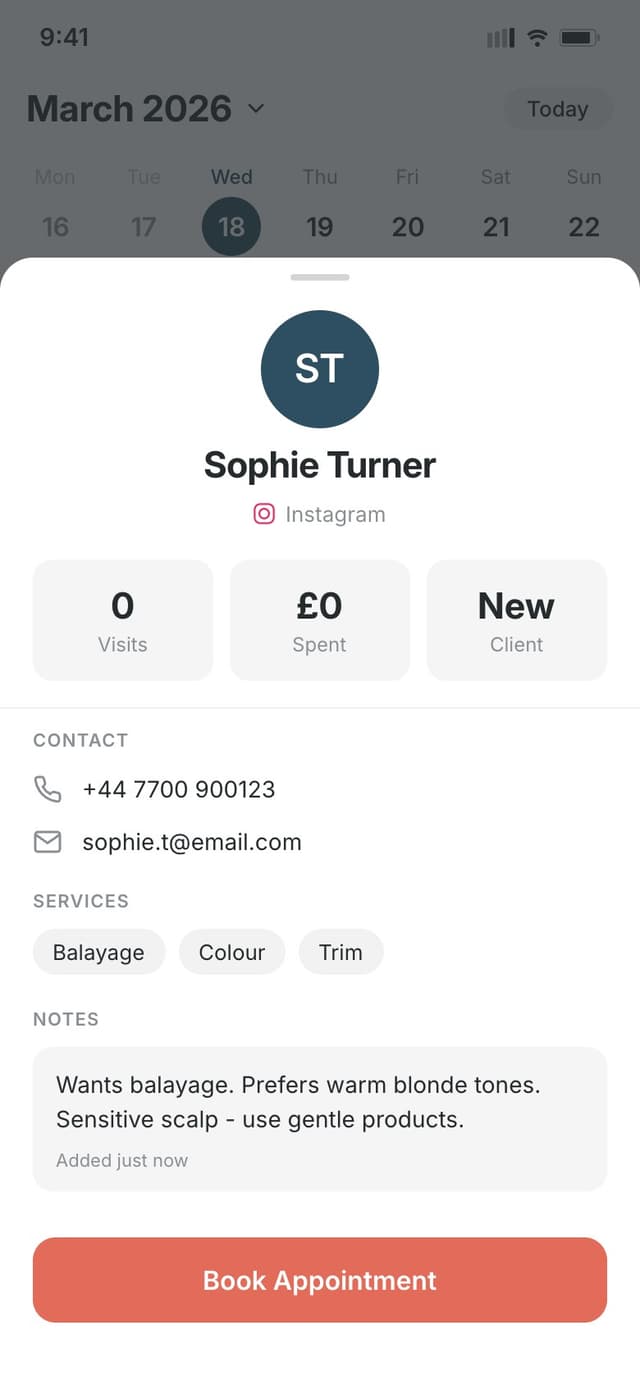 Client details with notes and services